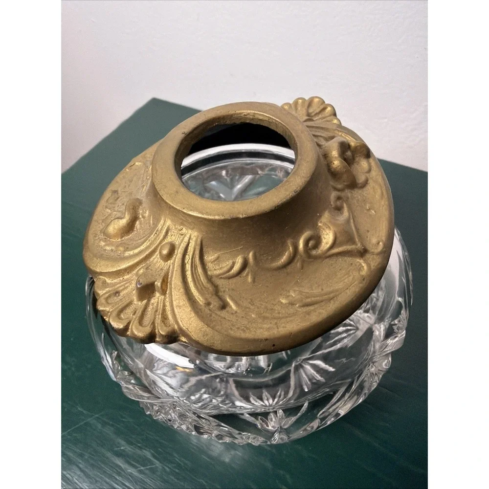 Art‎ Nouveau Crystal Hair Receiver w/ Brass Tone Ornate Lid Edwardian Vintage